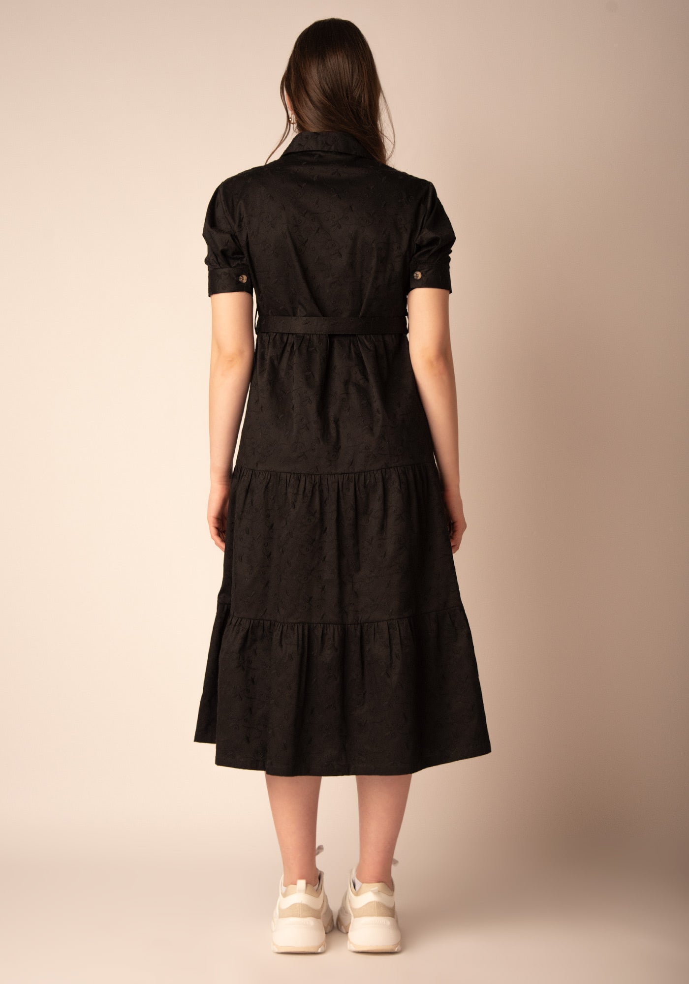 Women's Tiered Midi Dress in Black embroidery