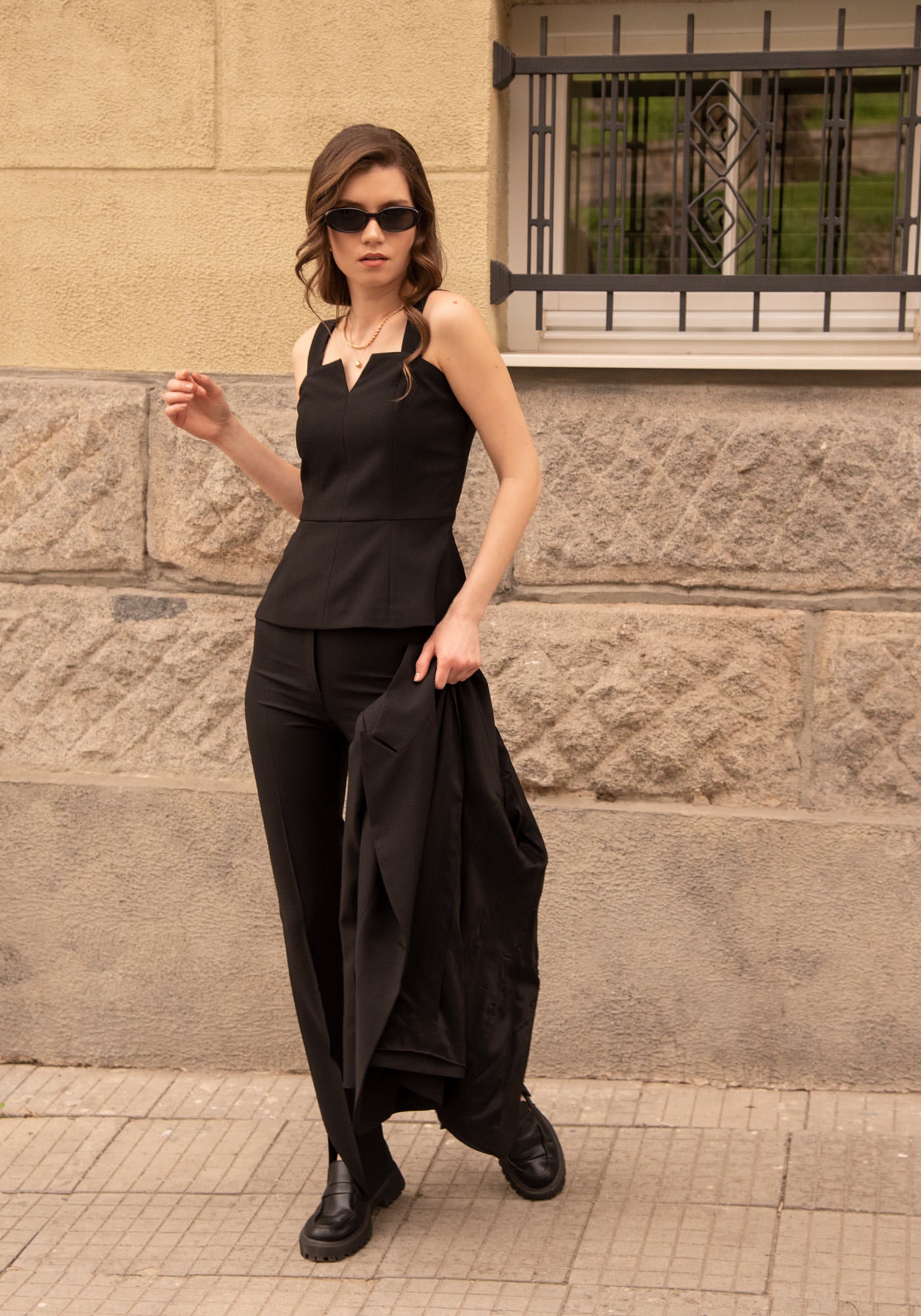 Tailored Top with Removable Straps in Black