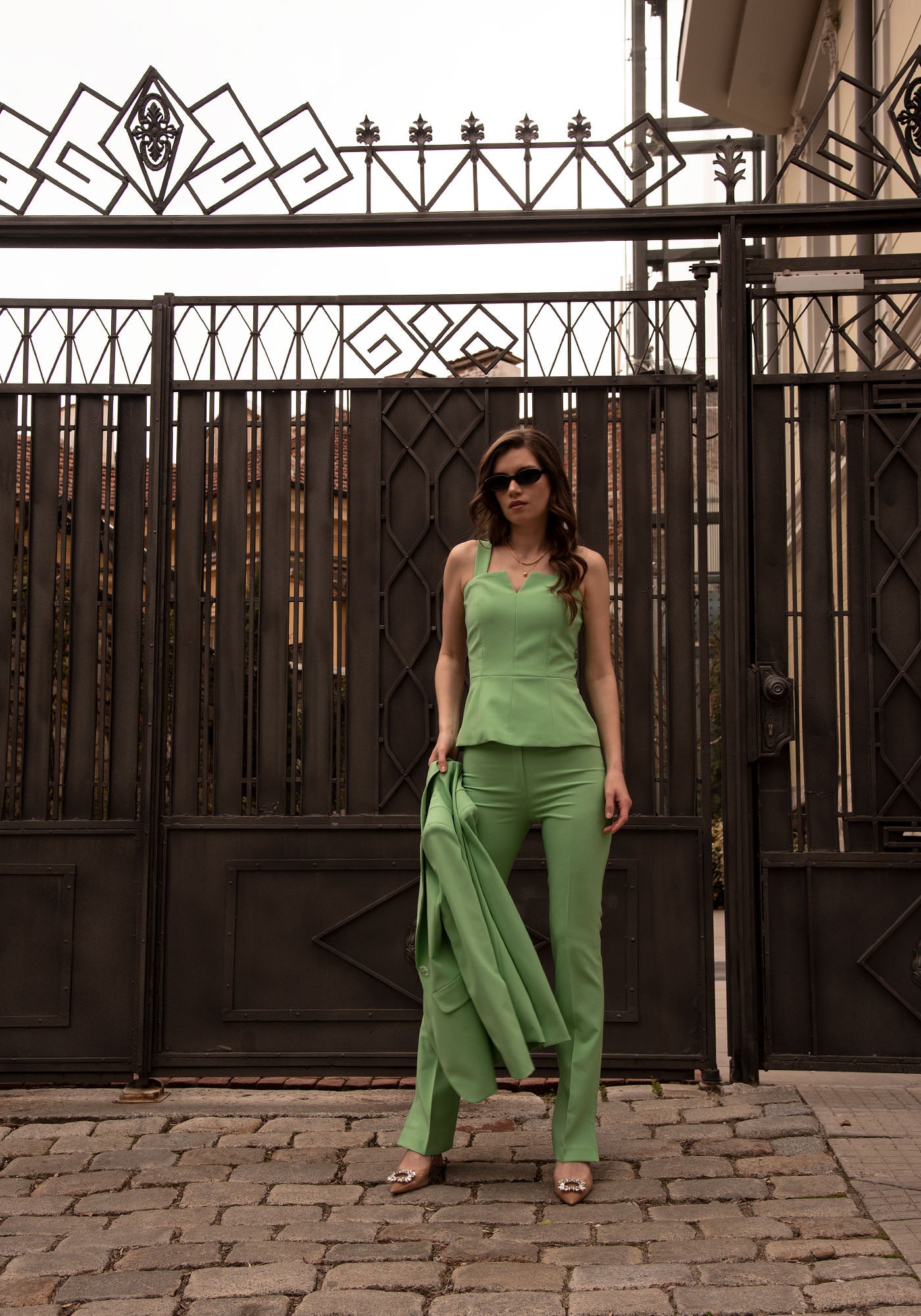 Tailored Top with Removable Straps in Green