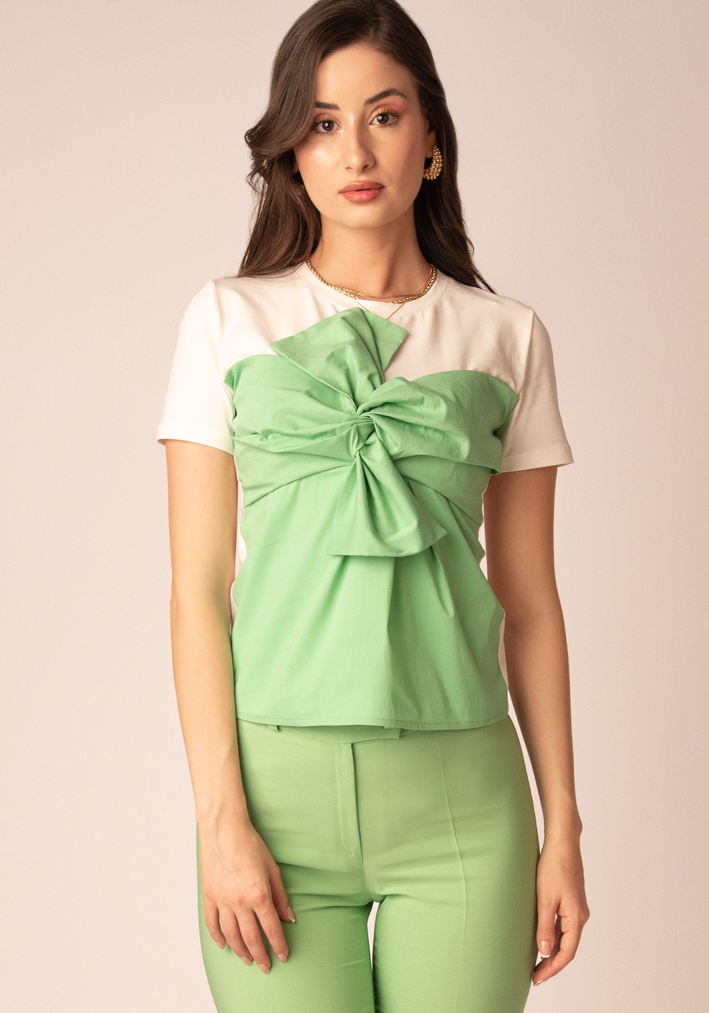 Women's Tailored Tee with Draped Poplin Bow in Green/Ecru