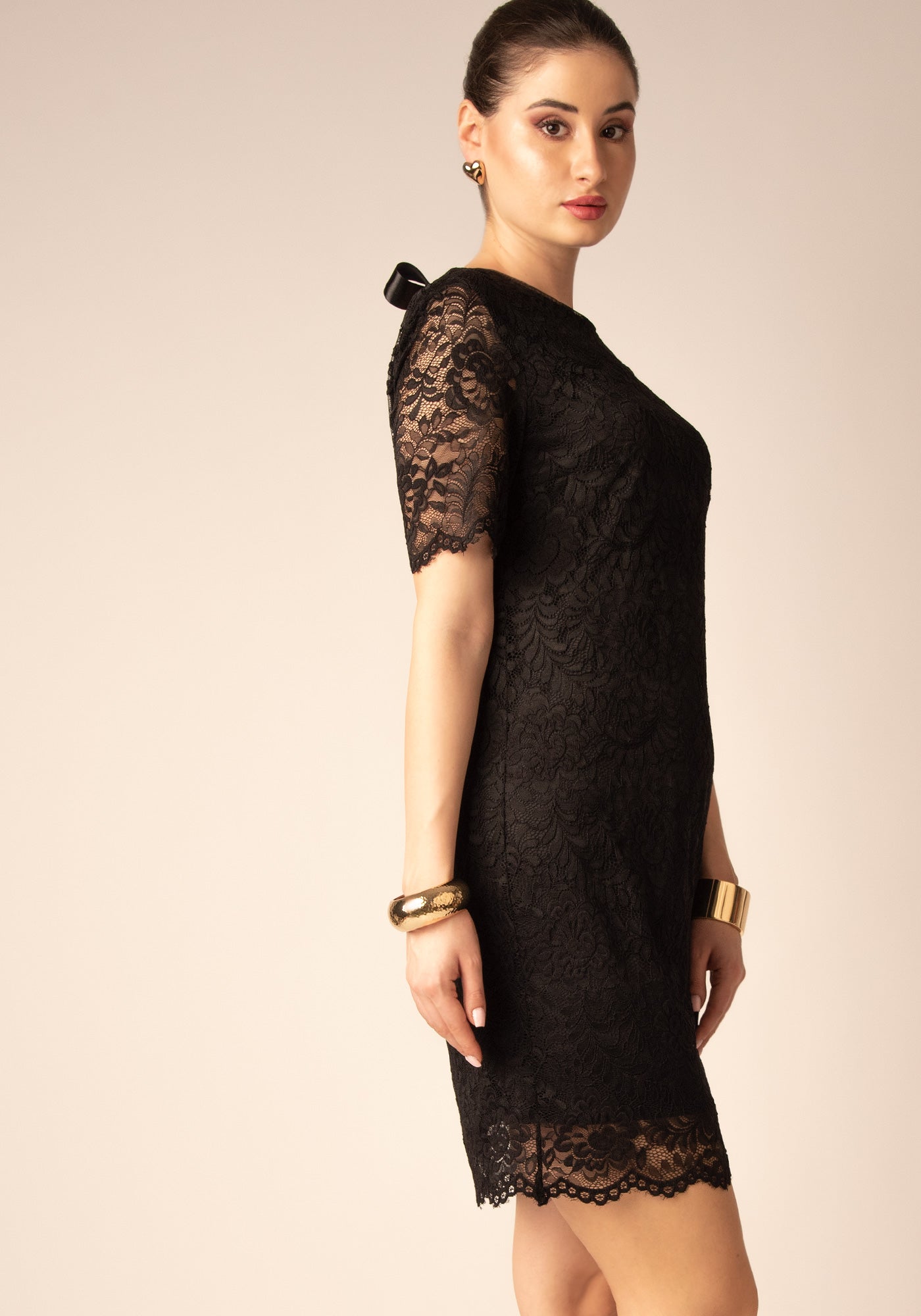 Lace Midi Dress with Back Bow Detail in Black