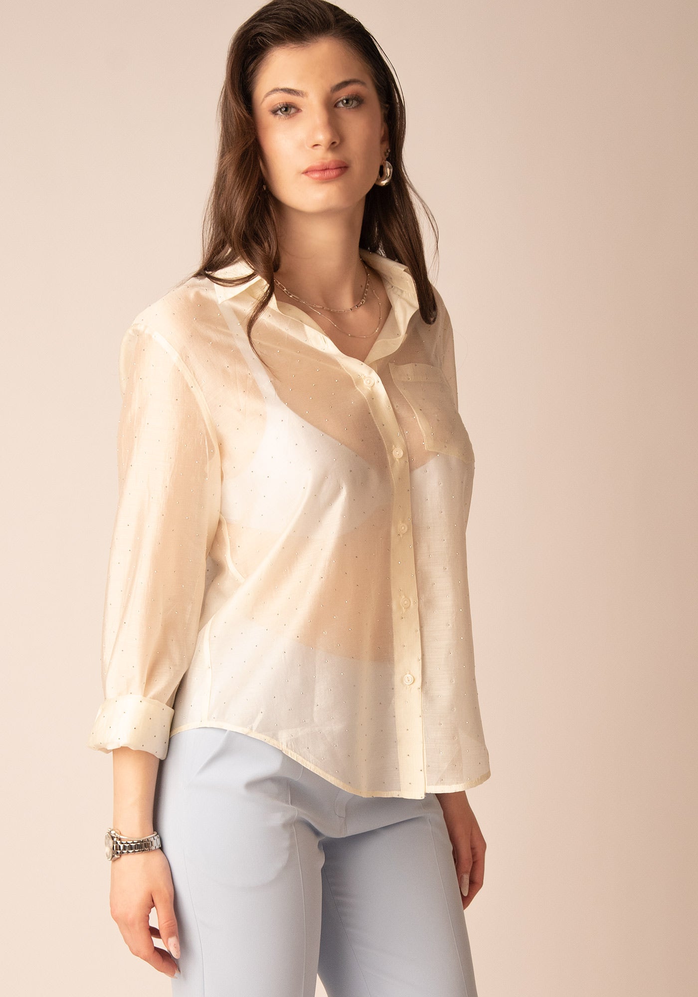 Sheer Glow Embellished Shirt in Ecru