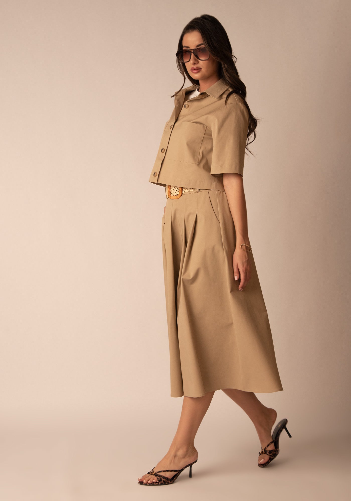 Women's Cropped Cotton Overshirt in Beige