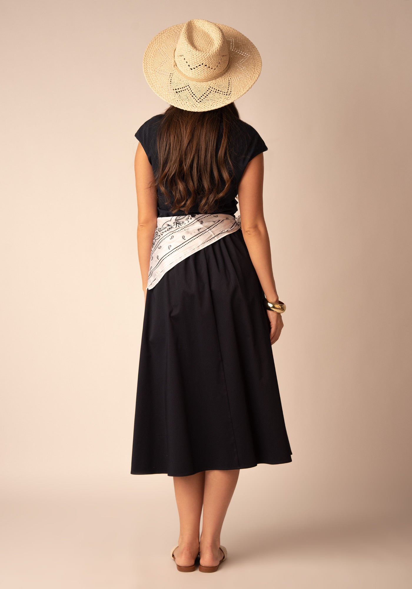 Flared Cotton Midi Skirt in Navy