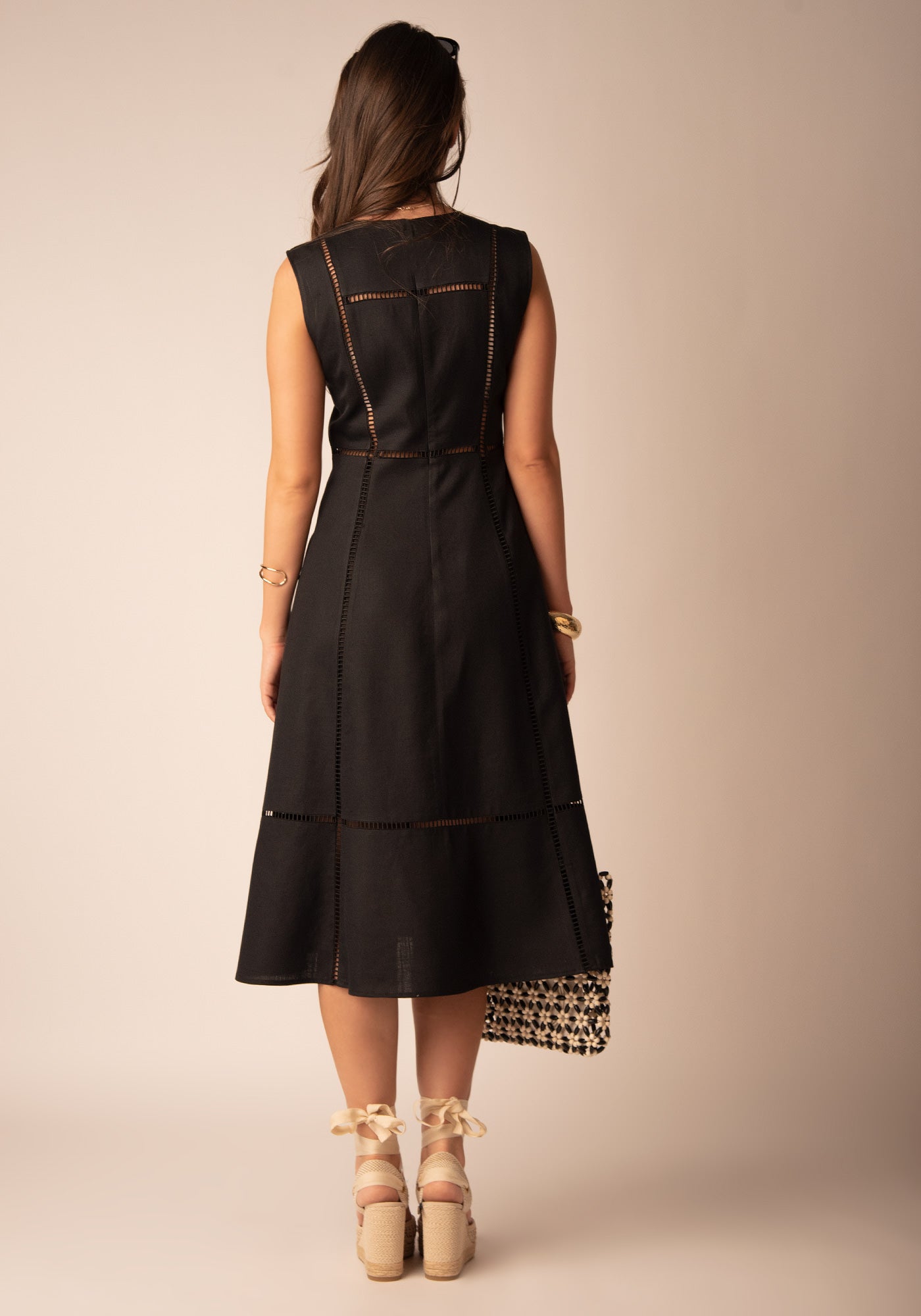 Openwork Linen Dress in Black