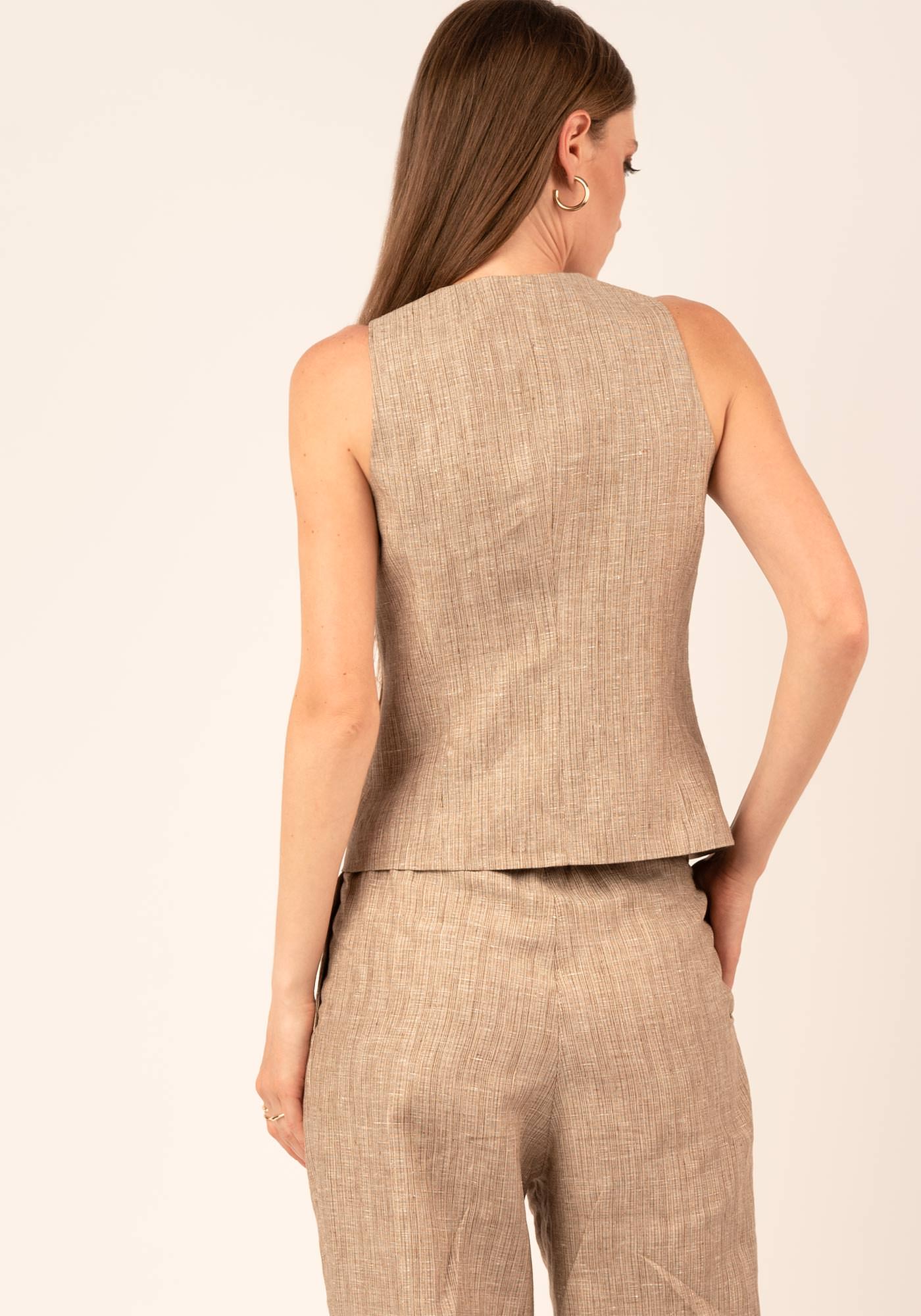 Single breasted Tailored Women's Linen Vest in Beige with Gold Metallic fiber