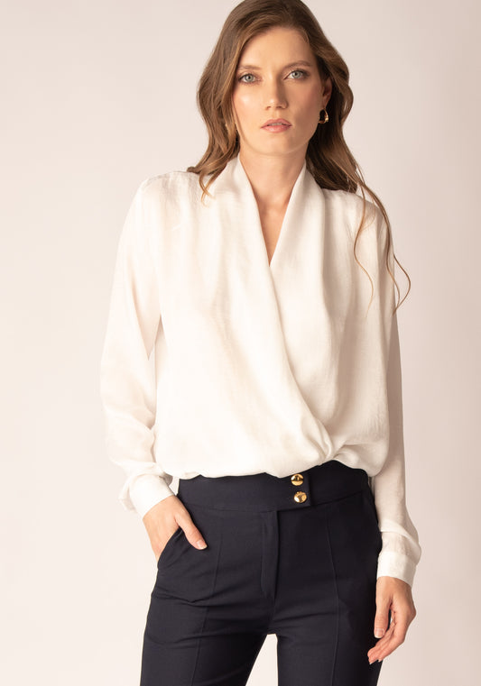 Wrap Front Women's Bodysuit Shirt in Ecru