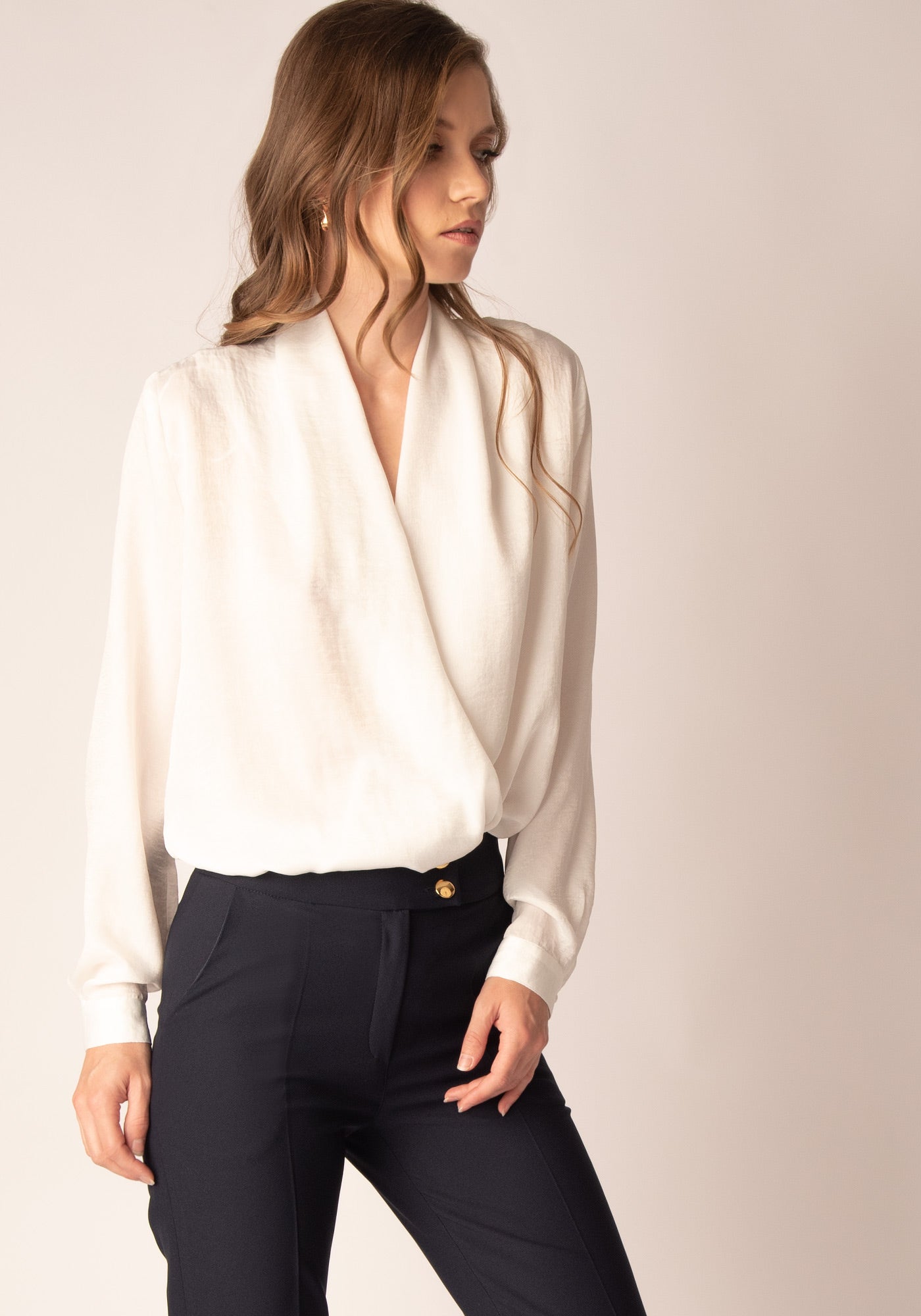 Wrap Front Women's Bodysuit Shirt in Ecru