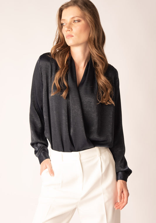 Дамска Риза - Боди Прегърни ме от Сатен в Тъмносиньо