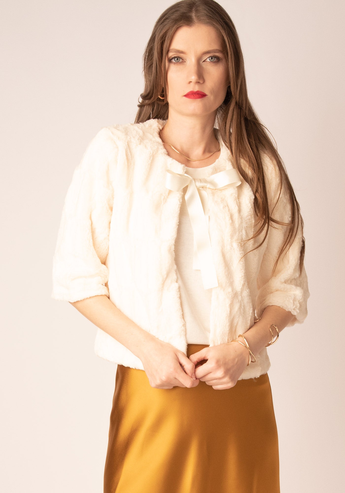 Cropped Faux Fur Coat in Ecru