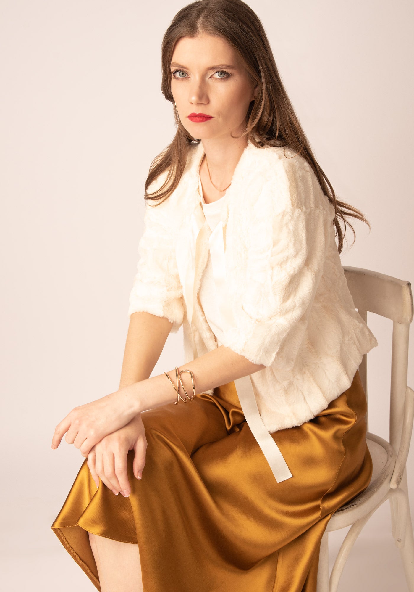 Cropped Faux Fur Coat in Ecru