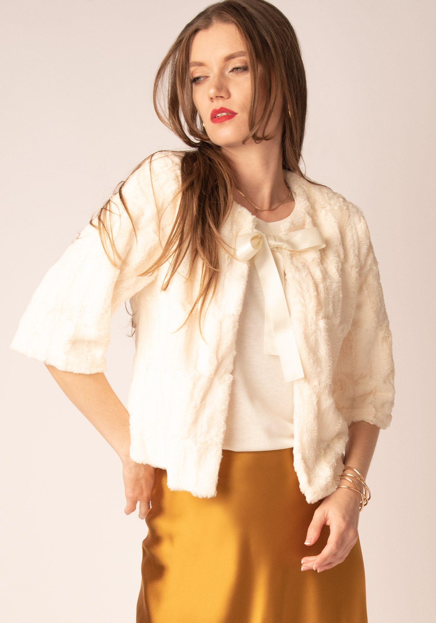 Cropped Faux Fur Coat in Ecru