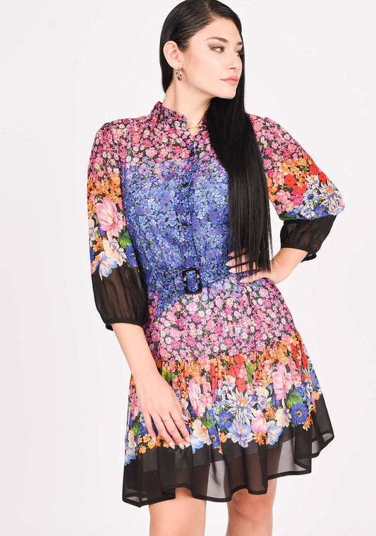 Cropped Sleeve Floral Chiffon Mini Dress