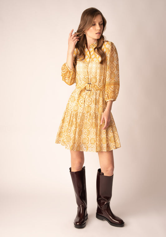 Cropped Sleeve Floral Chiffon Mini Dress in Yellow