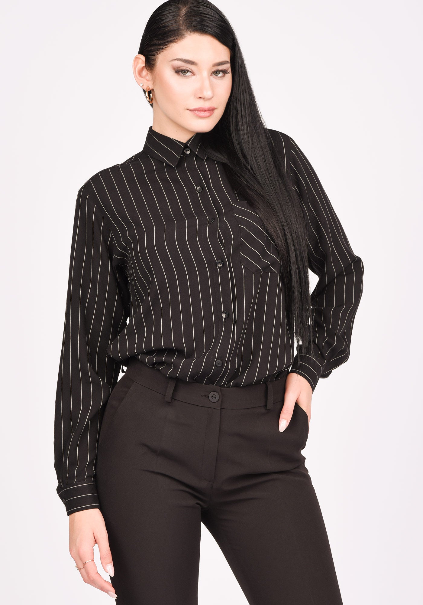 Women's Relaxed fit Shirt in Black with White Pinstripe