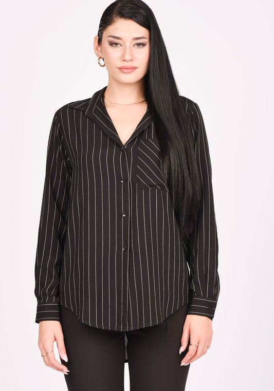 Women's Relaxed fit Shirt in Black with White Pinstripe