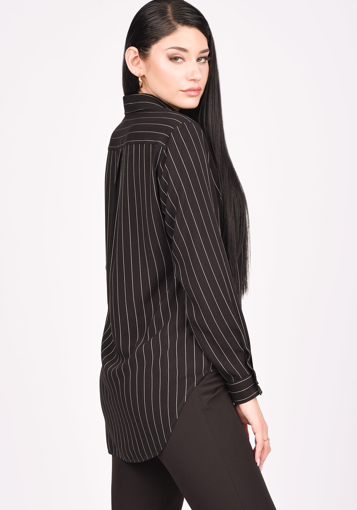 Women's Relaxed fit Shirt in Black with White Pinstripe