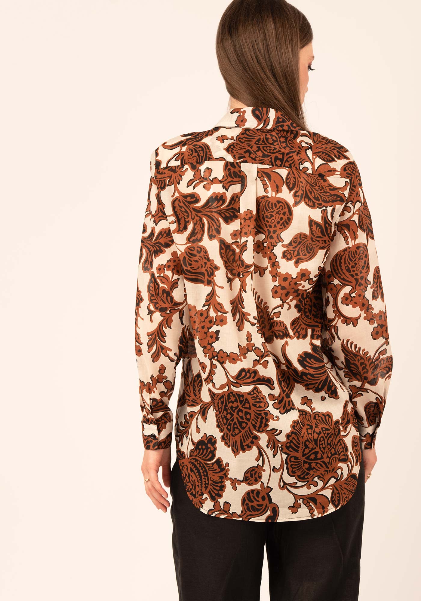 Women's Relaxed Sheer Cotton Shirt in Brown print