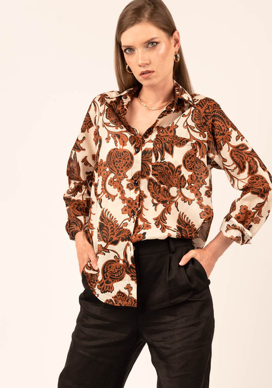 Women's Relaxed Sheer Cotton Shirt in Brown print