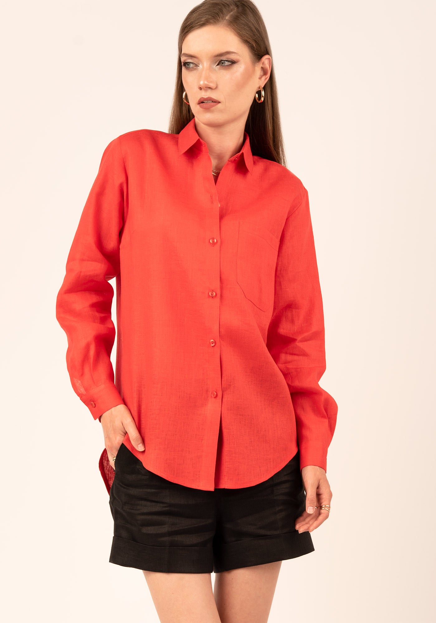 Women's Relaxed fit Linen Shirt in Scarlet red