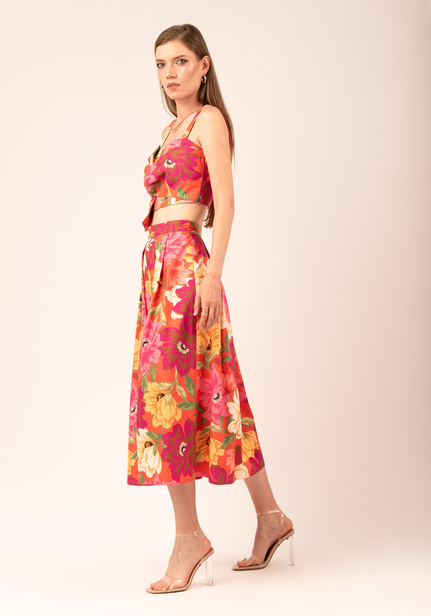 Women's High Waisted Flare Cotton Midi Skirt in Red florals