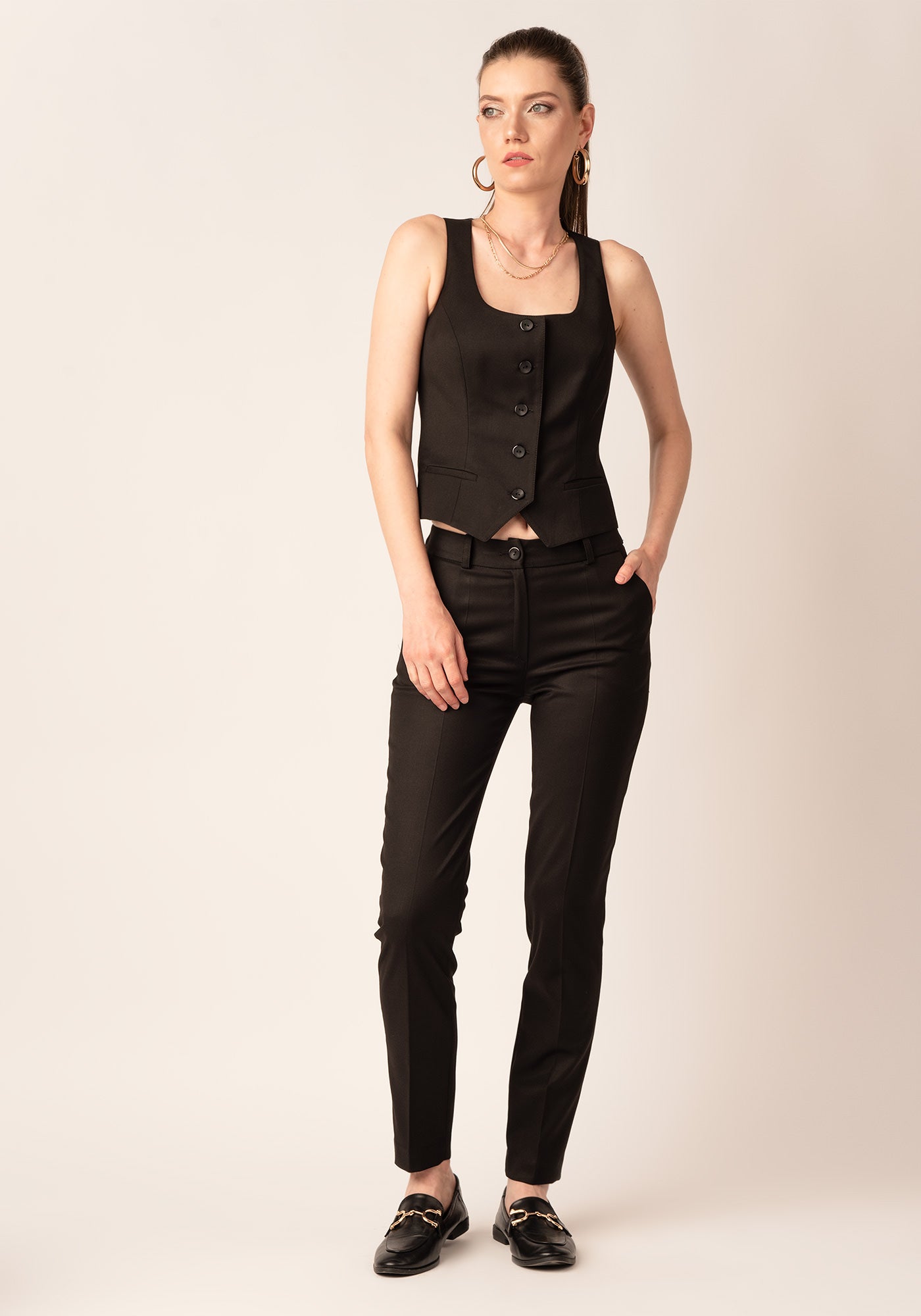 Women's Square Neckline Tailored Button up Vest in Black