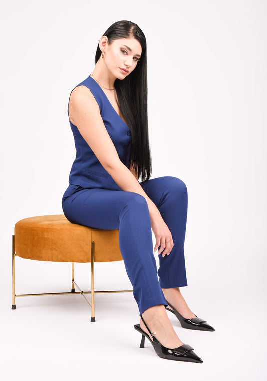 Women's High Waisted Slim Leg Trousers in Blue