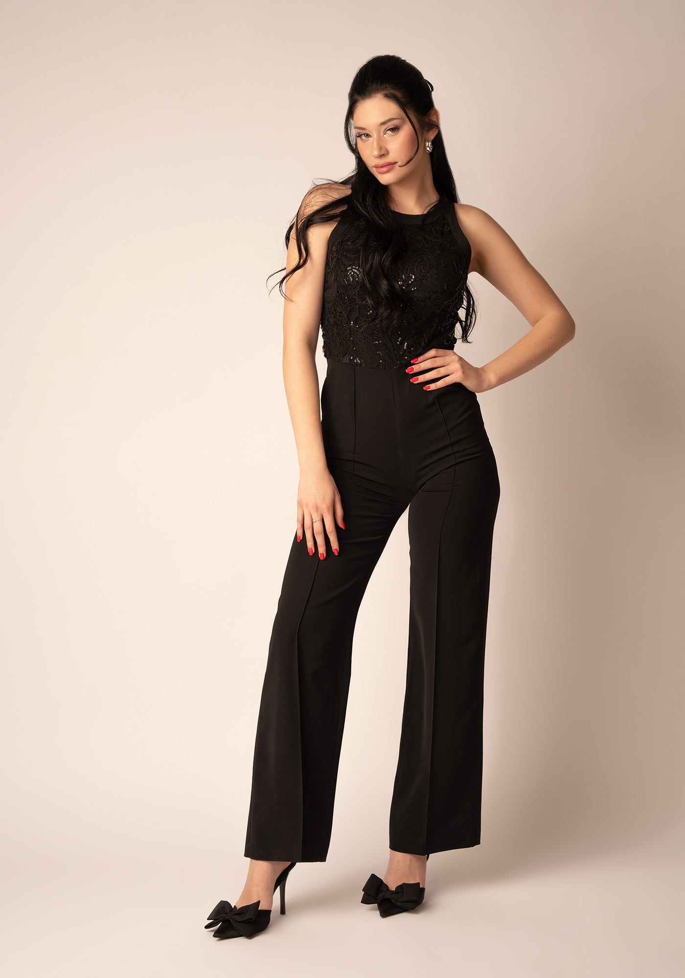 Women's Wide leg Jumpsuit with Sequins in Black
