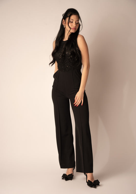 Women's Wide leg Jumpsuit with Sequins in Black