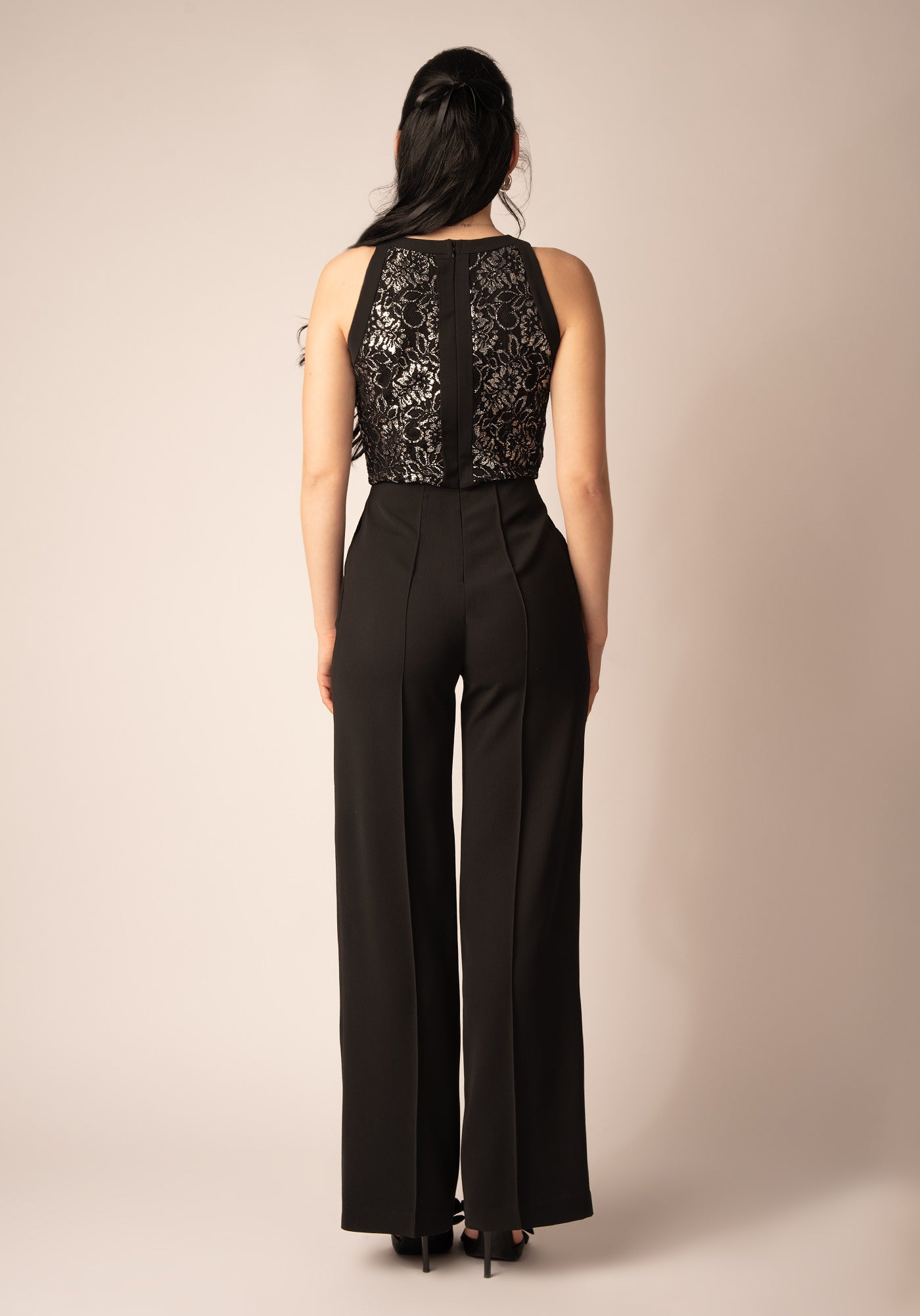Women's Wide leg Jumpsuit with Lace in Black