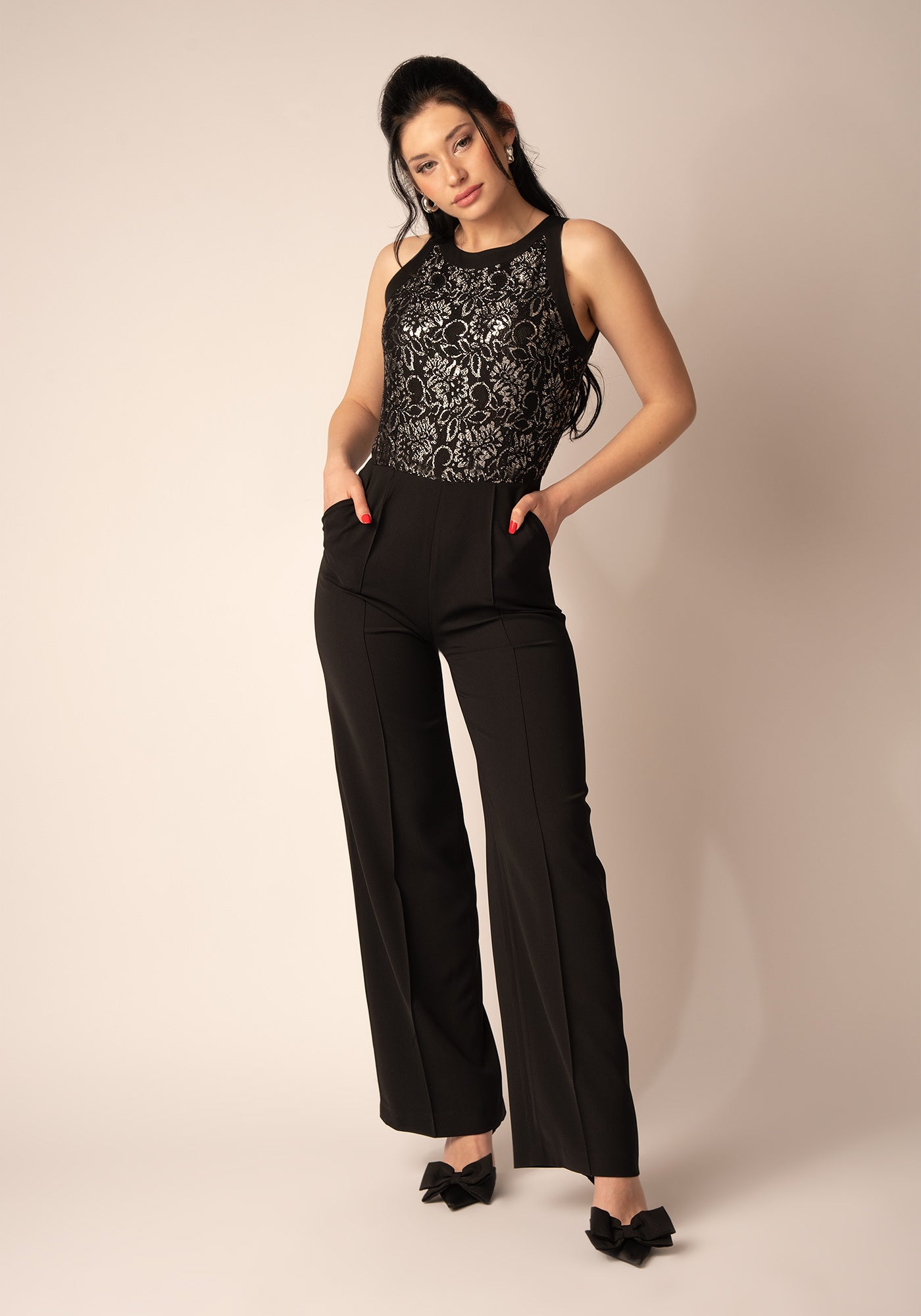Women's Wide leg Jumpsuit with Lace in Black