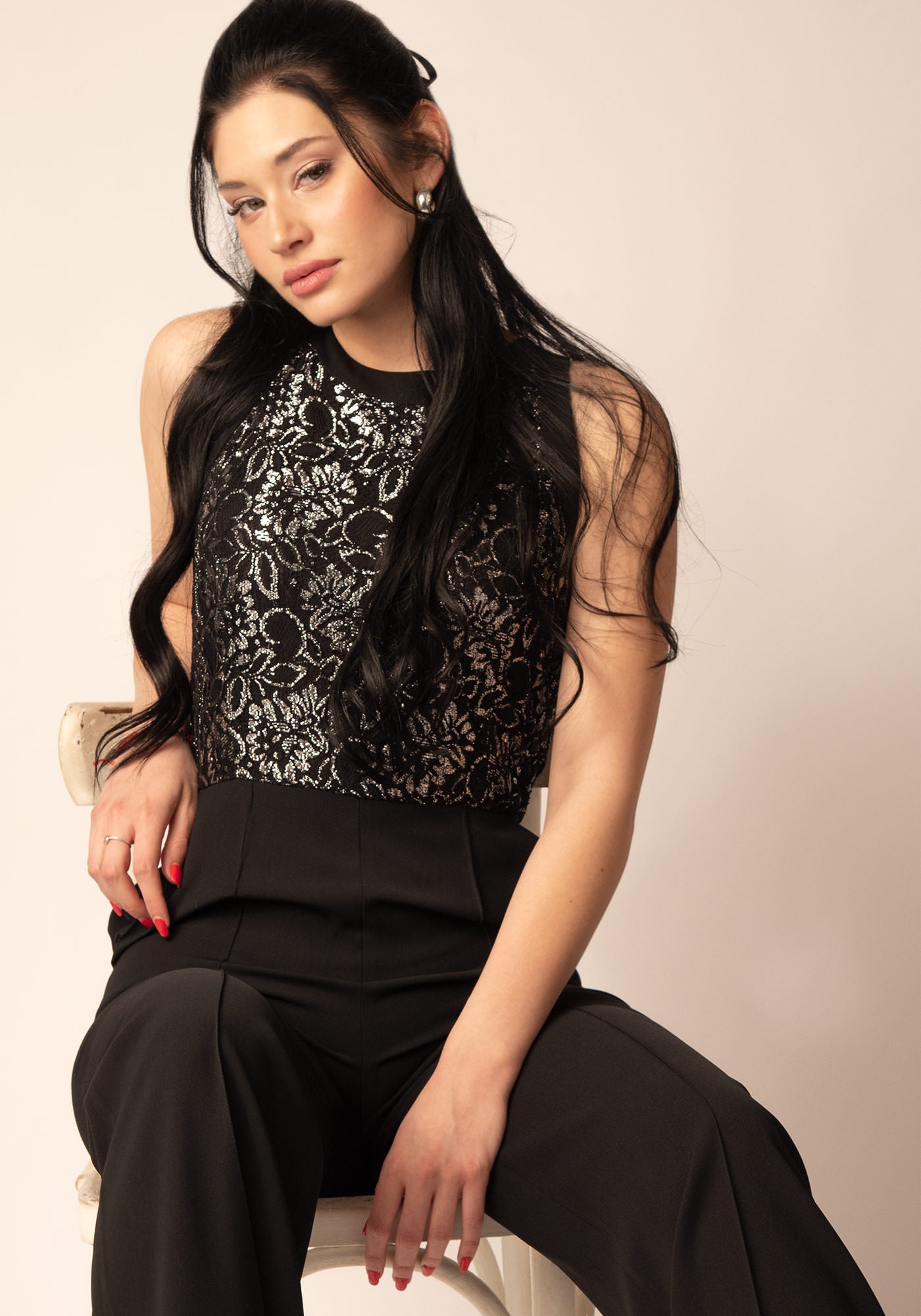 Women's Wide leg Jumpsuit with Lace in Black