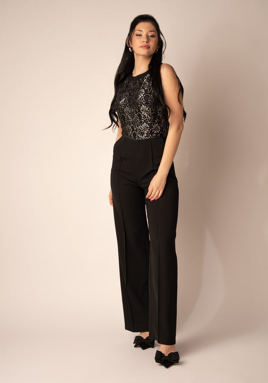 Women's Wide leg Jumpsuit with Lace in Black