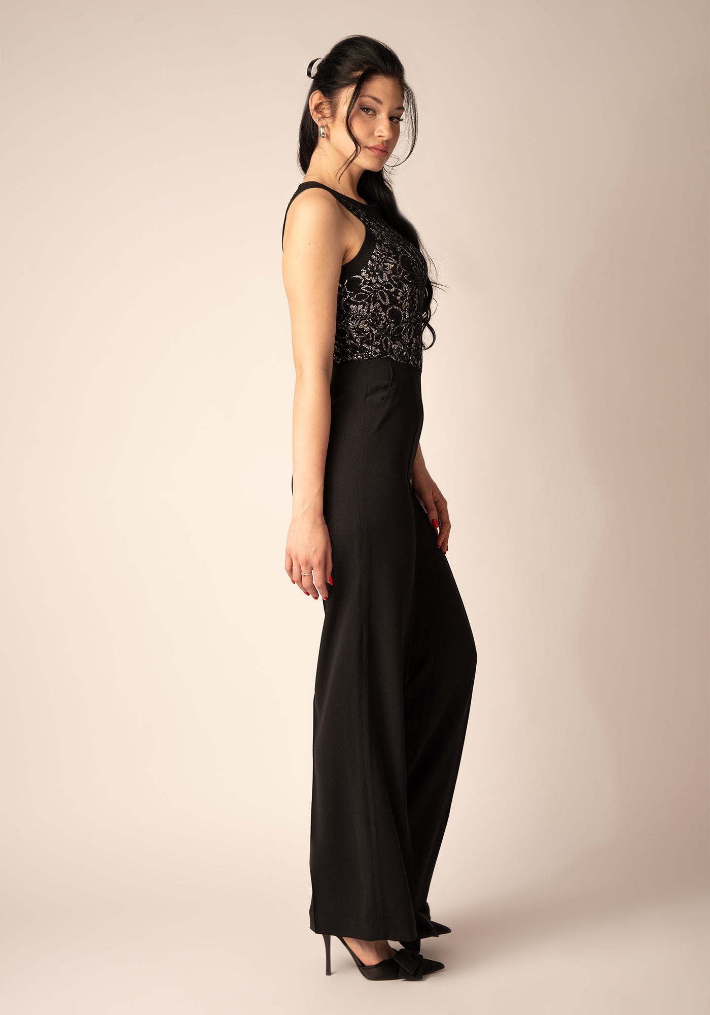 Women's Wide leg Jumpsuit with Lace in Black