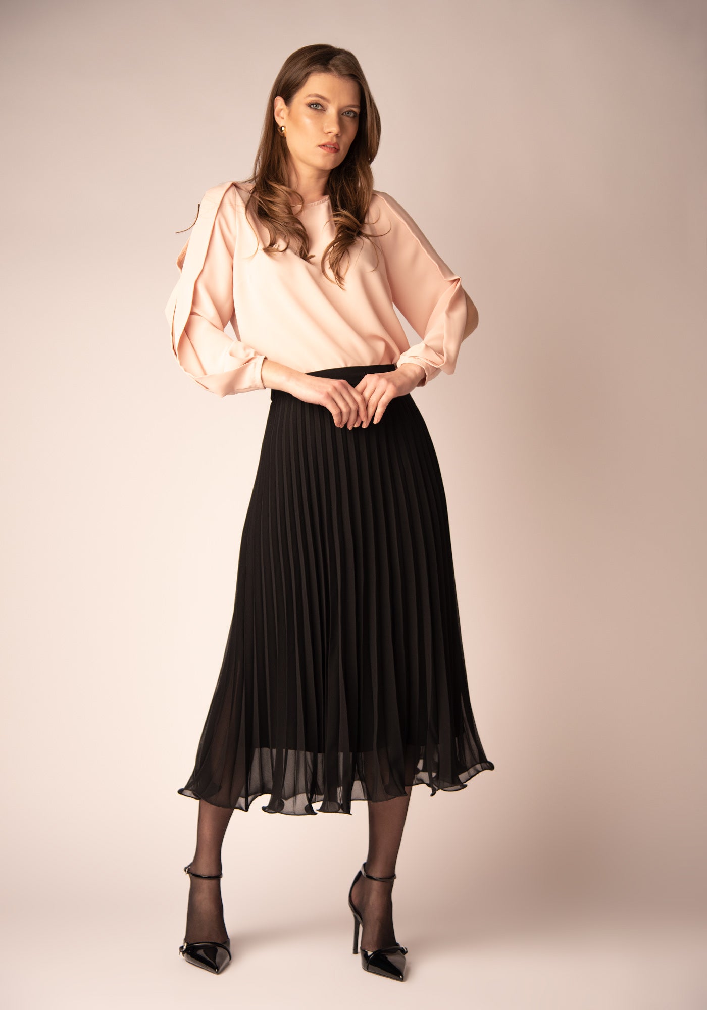 High Waisted Midi Skirt with Soleil pleats in Black