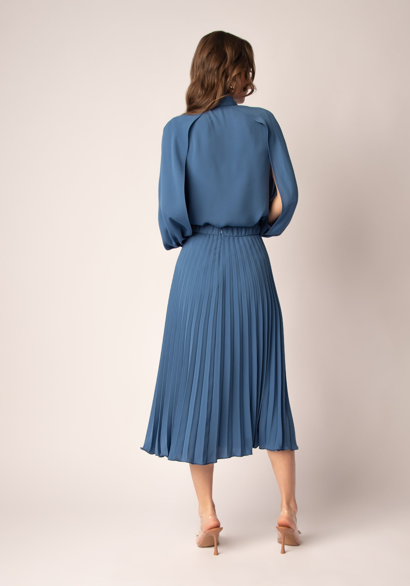 High Waisted Midi Skirt with Soleil pleats in Blue