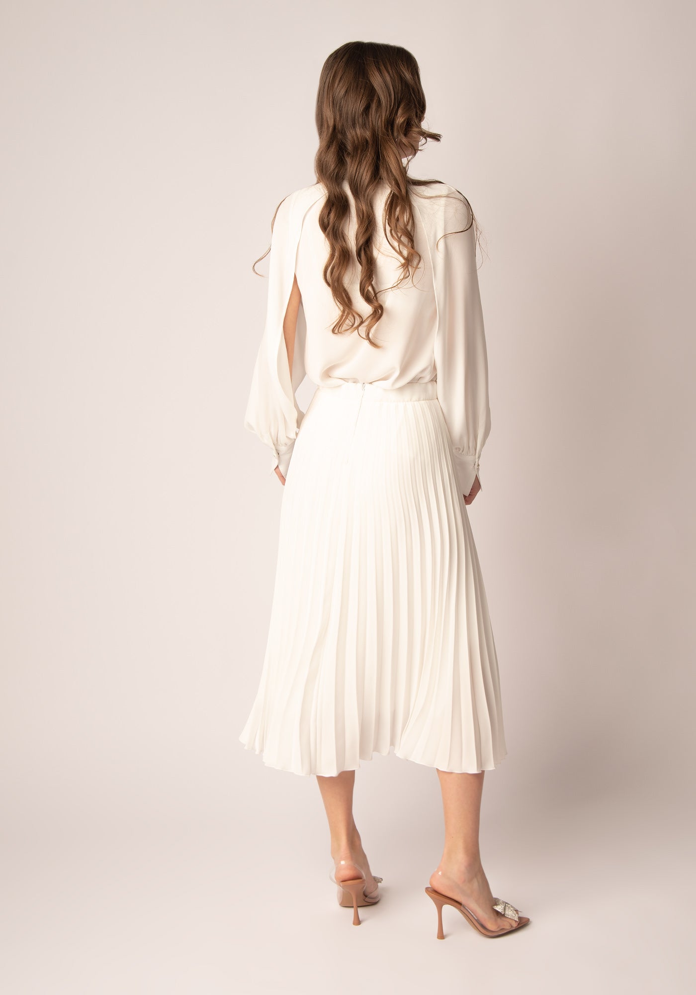High Waisted Midi Skirt with Soleil pleats in Ecru
