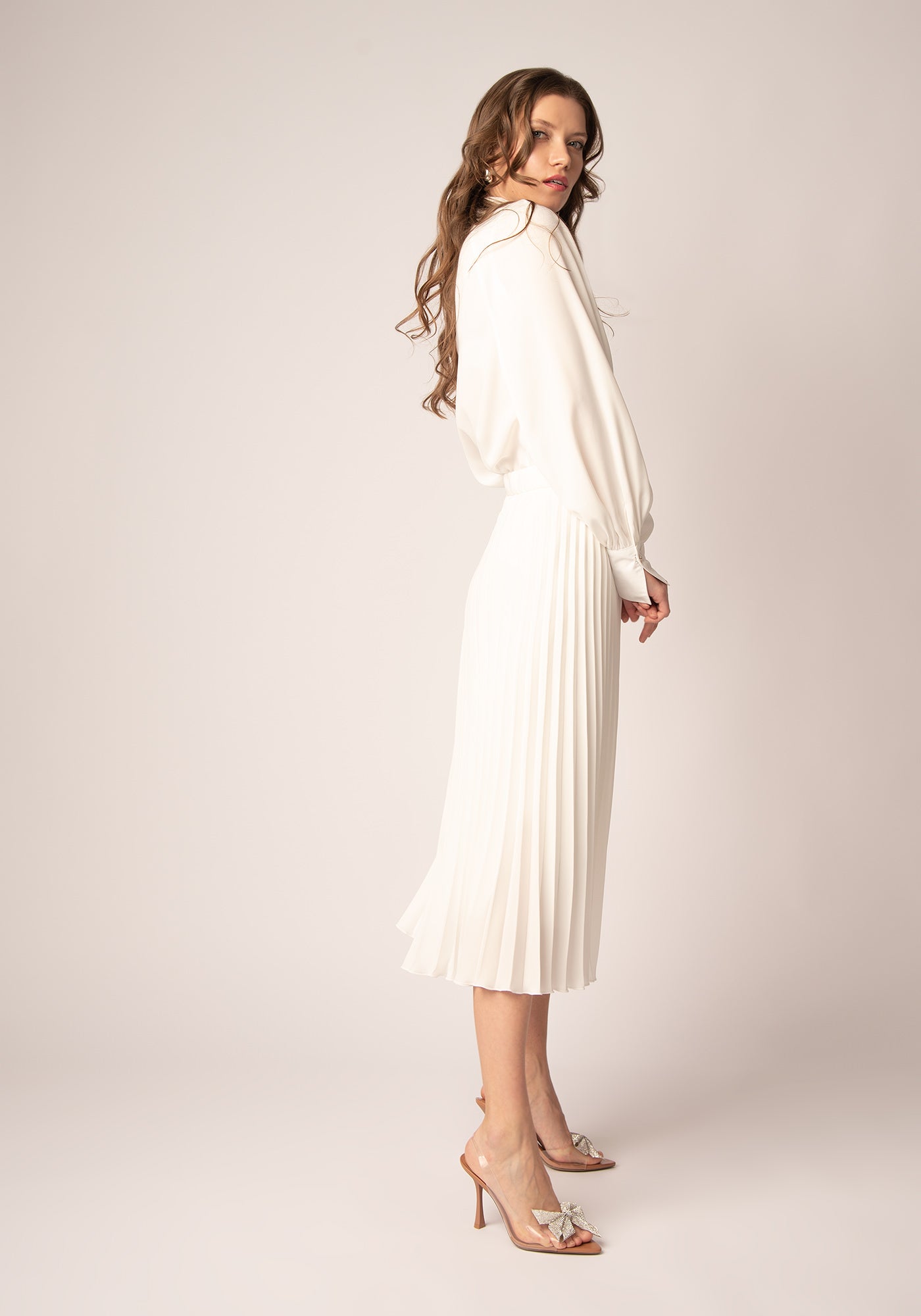 High Waisted Midi Skirt with Soleil pleats in Ecru