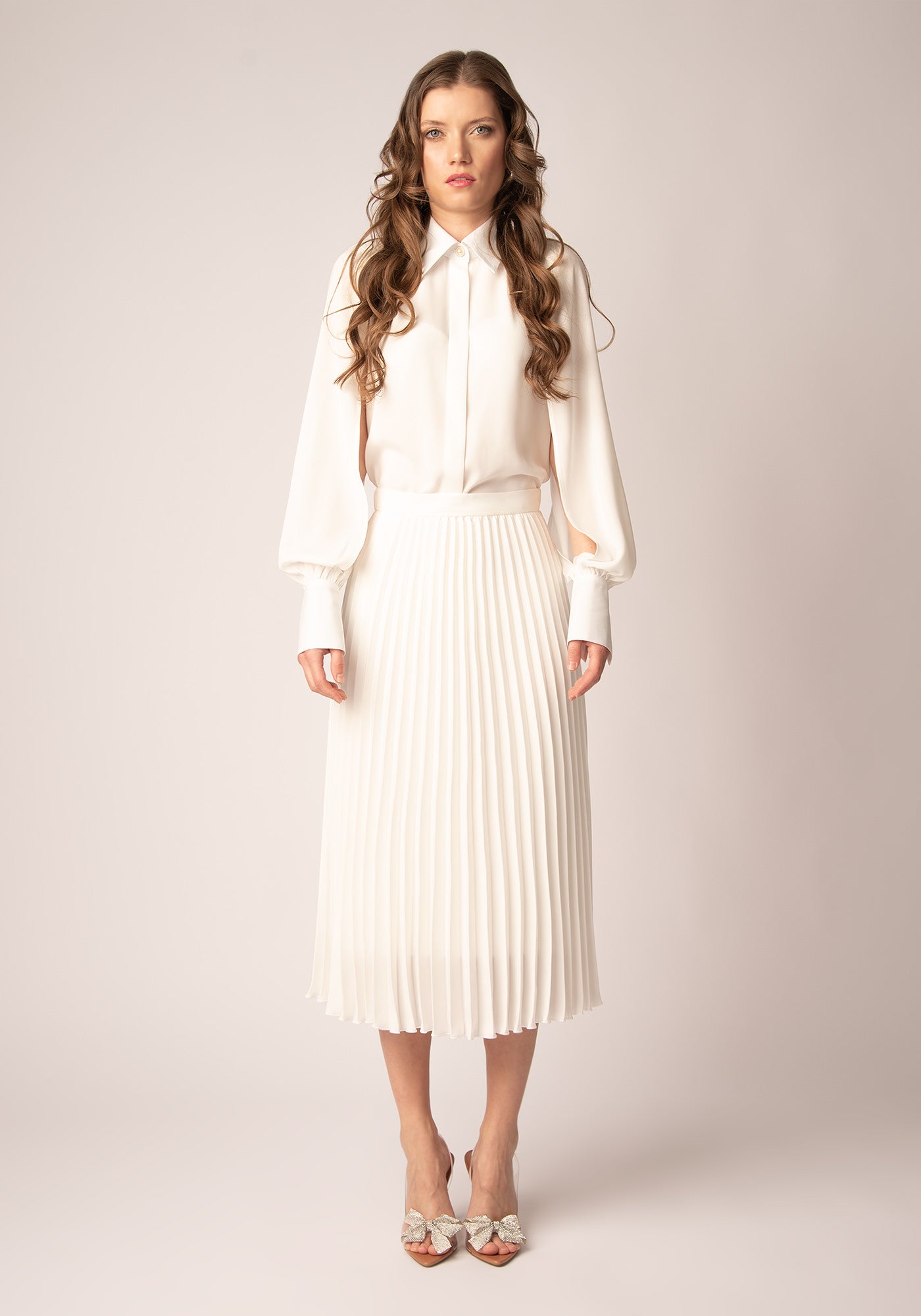 High Waisted Midi Skirt with Soleil pleats in Ecru