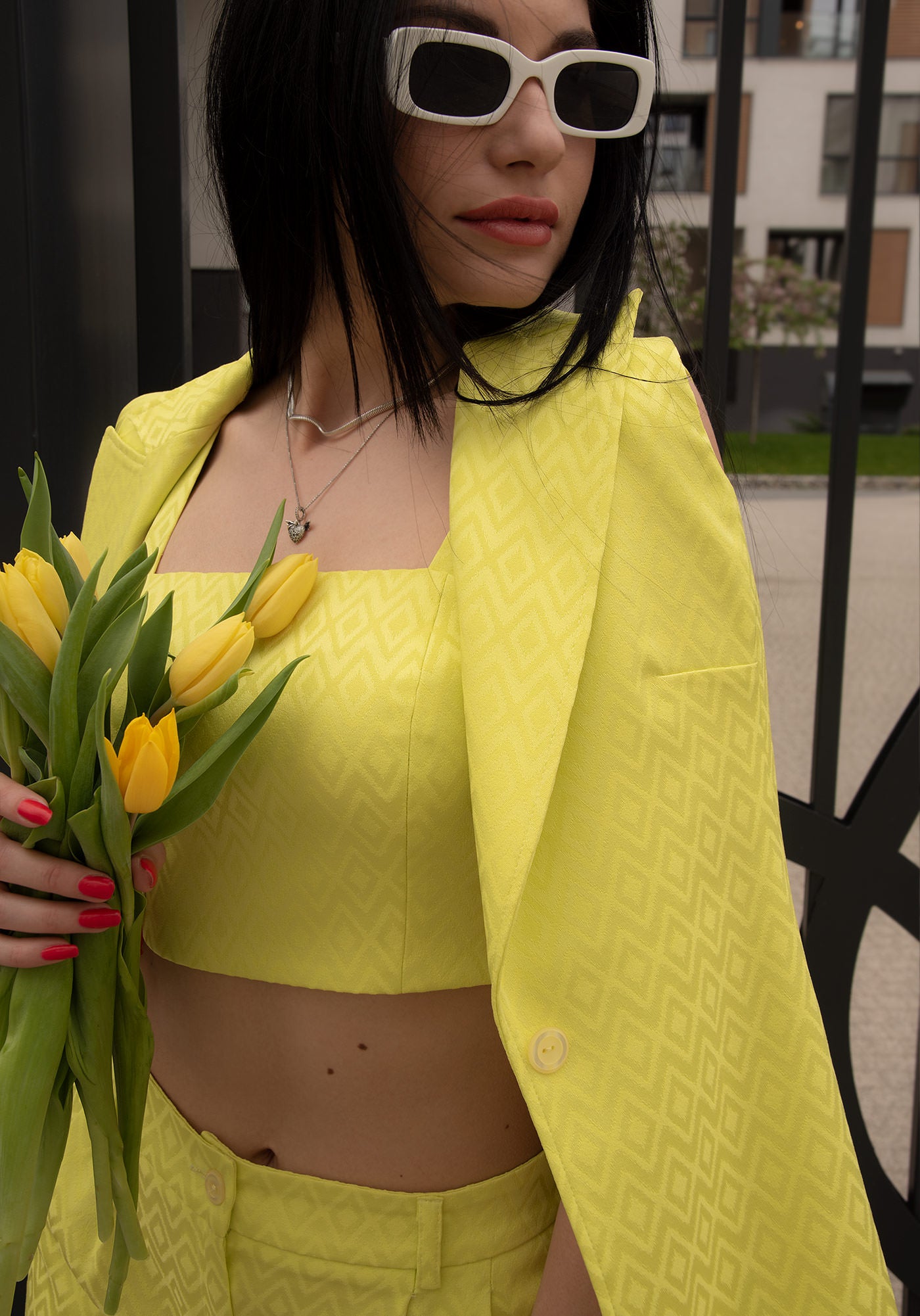 Women's Tailored Waistcoat in Lime Jacquard