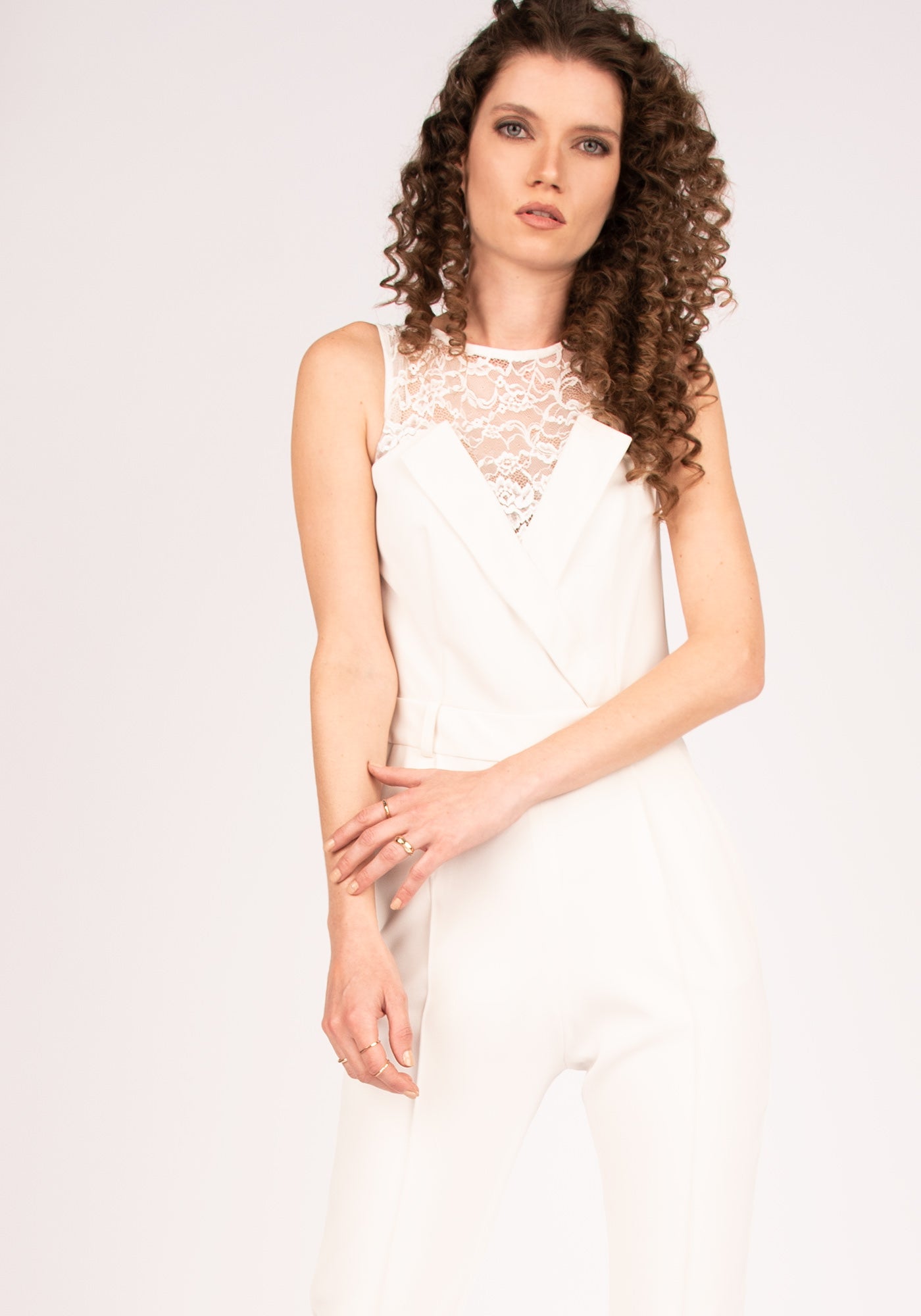 Women's Formal Jumpsuit with Lace Details in Ecru