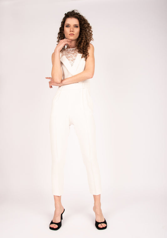 Women's Formal Jumpsuit with Lace Details in Ecru