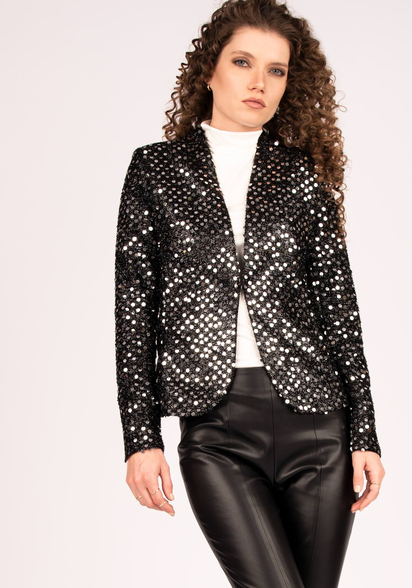 Women's Tailored Statement Blazer with Silvery Black Sequins