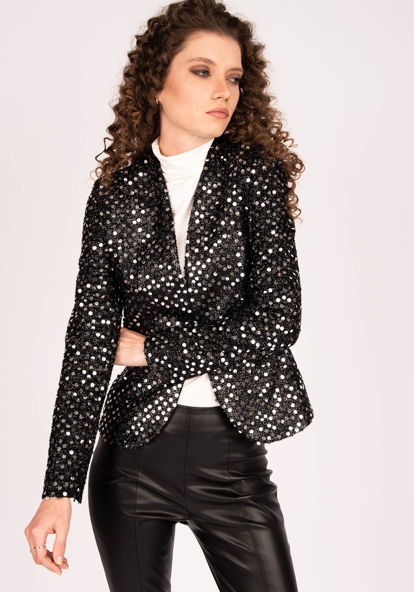 Women's Tailored Statement Blazer with Silvery Black Sequins