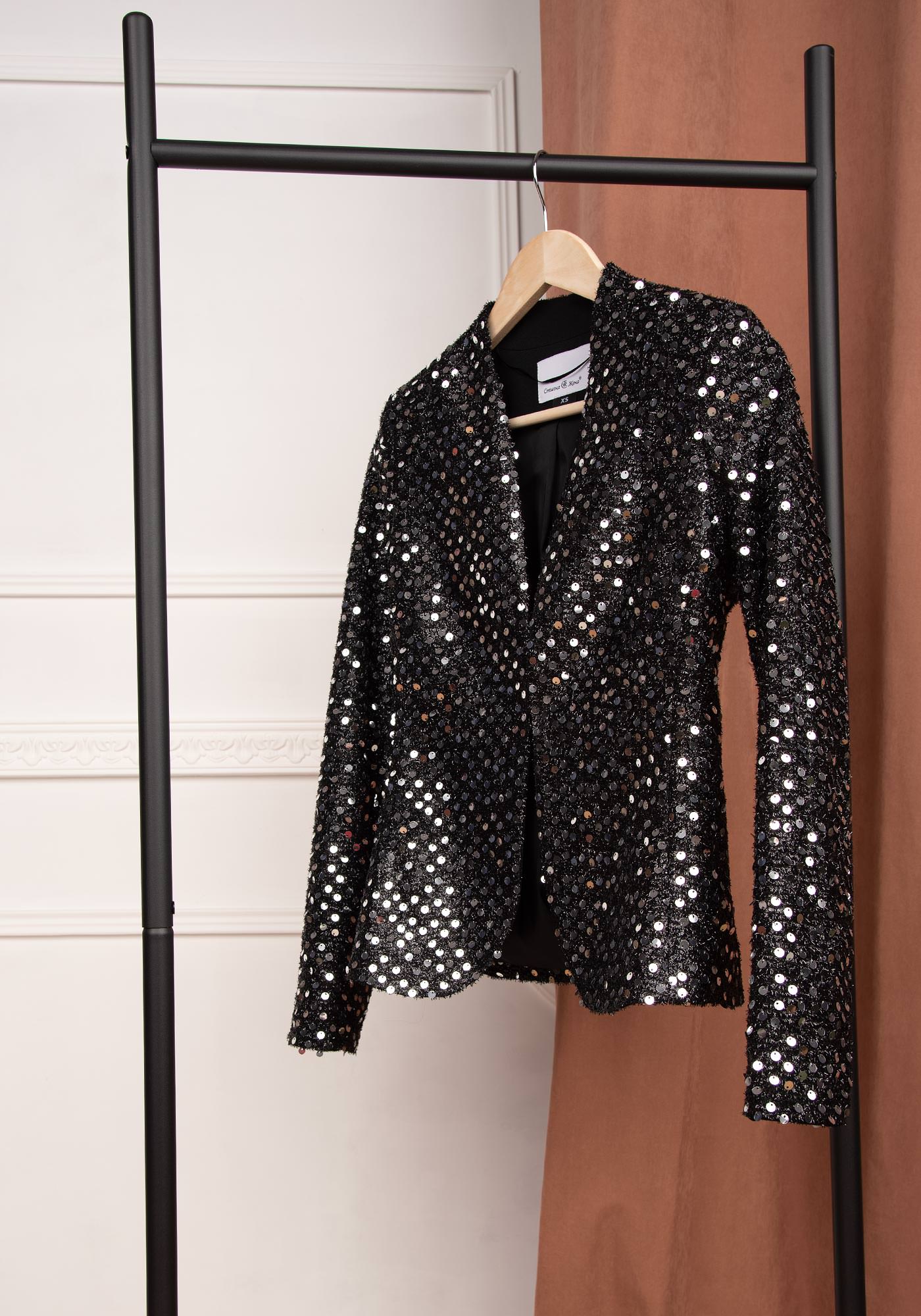 Women's Tailored Statement Blazer with Silvery Black Sequins