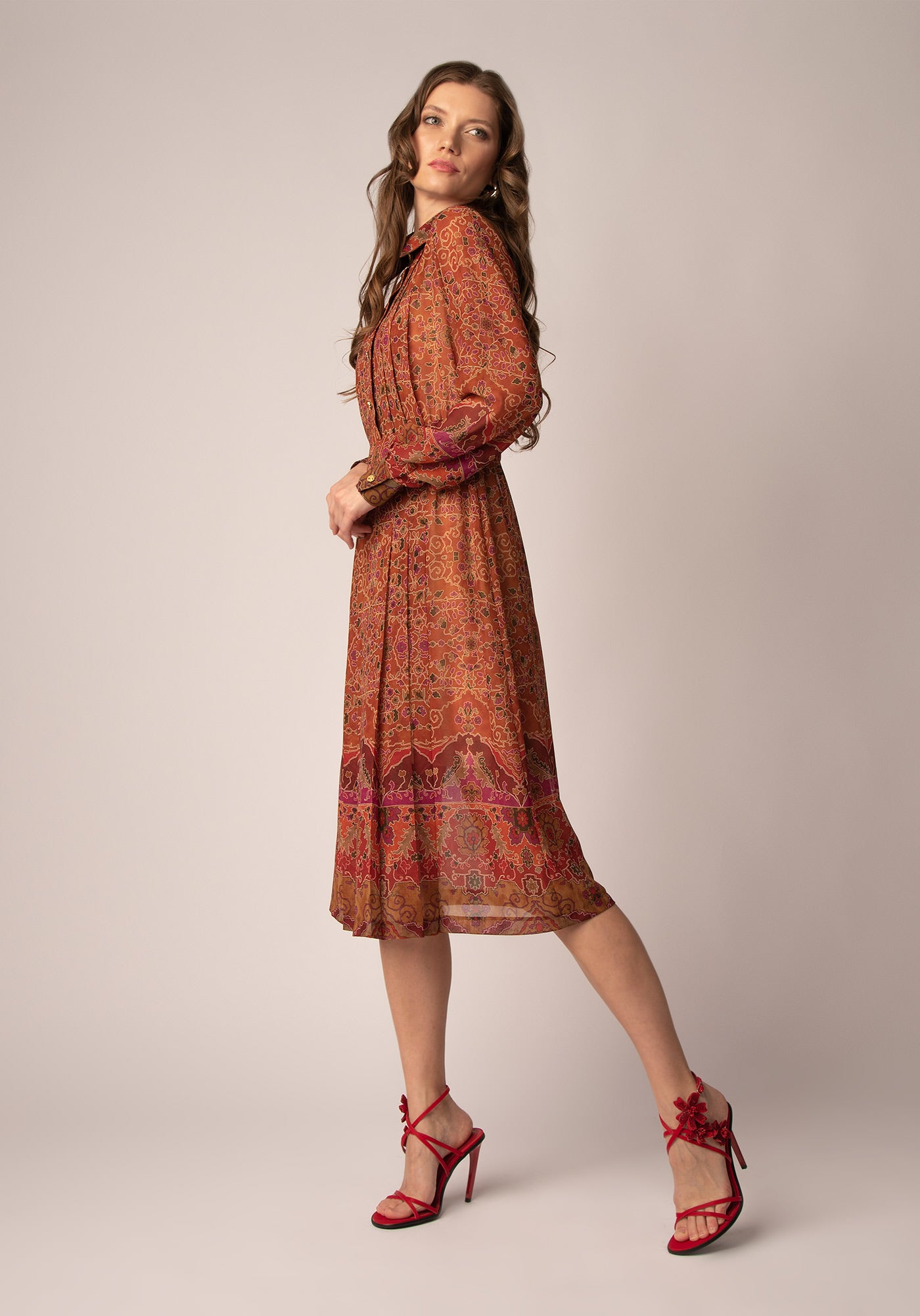 Midi Dress with Block pleats in Multicolour Chiffon