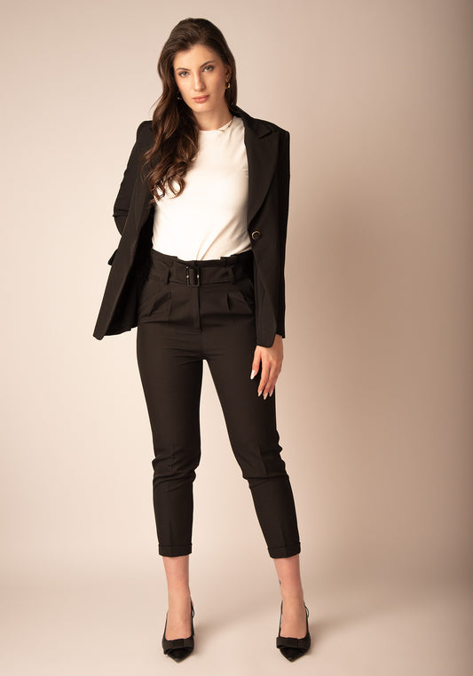 Дамски Панталон с Висока талия и Басти в Черно