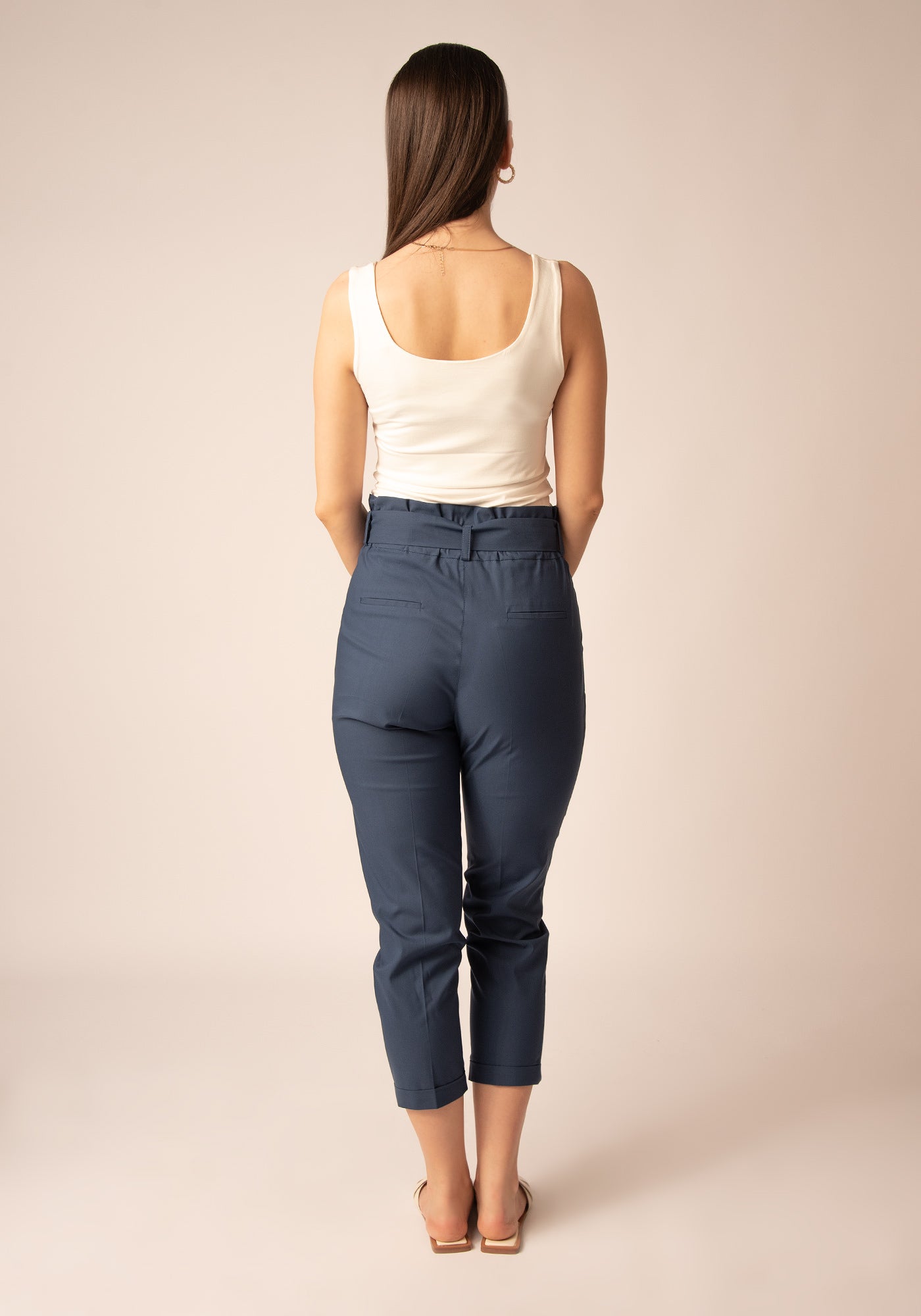 Women's Paper bag Slacks in Cotton Blue