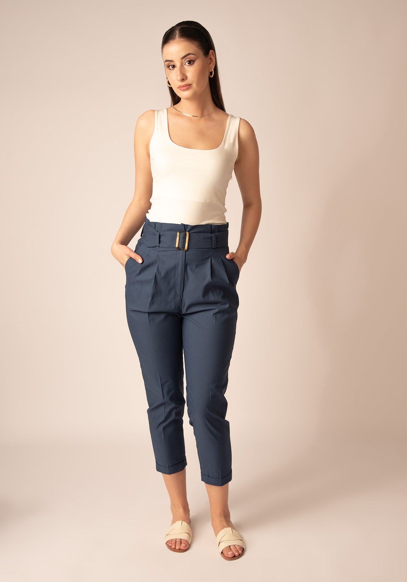 Women's Paper bag Slacks in Cotton Blue