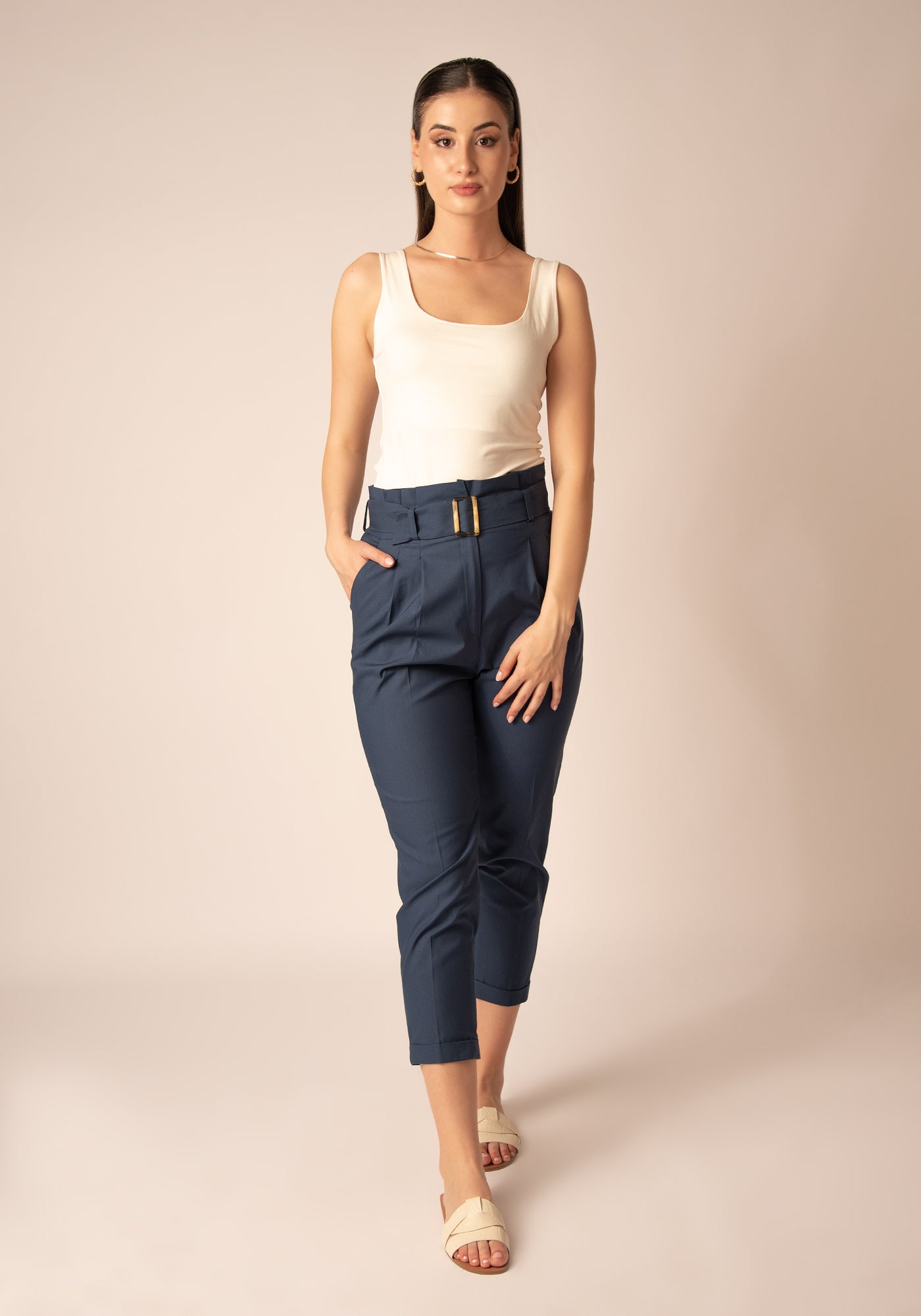 Women's Paper bag Slacks in Cotton Blue